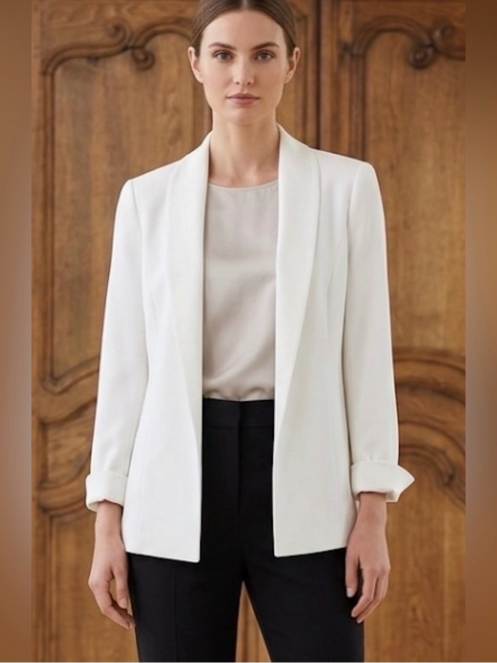 Doncaster DD Collection Open-Front Shawl Collar Blazer in White